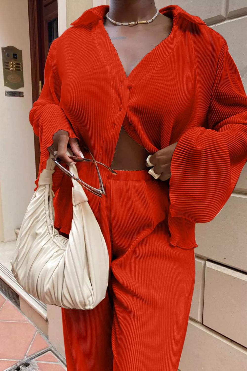 Textured Button Up Collared Neck Top and Pants Set - Trendsi - Flyclothing LLC