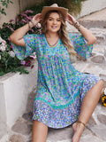 Plus Size Ruffled Hem Lace Detail Printed Half Sleeve Dress - Trendsi