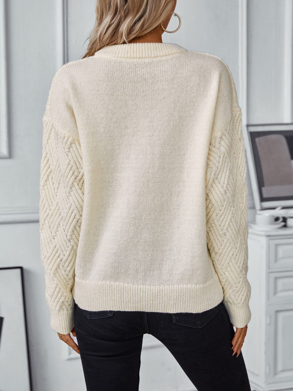 Round Neck Long Sleeve Woven Sweater - Trendsi