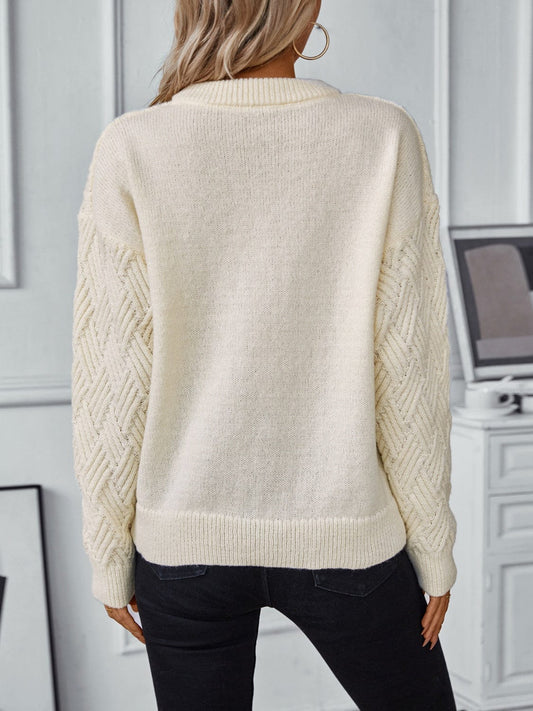 Round Neck Long Sleeve Woven Sweater - Trendsi