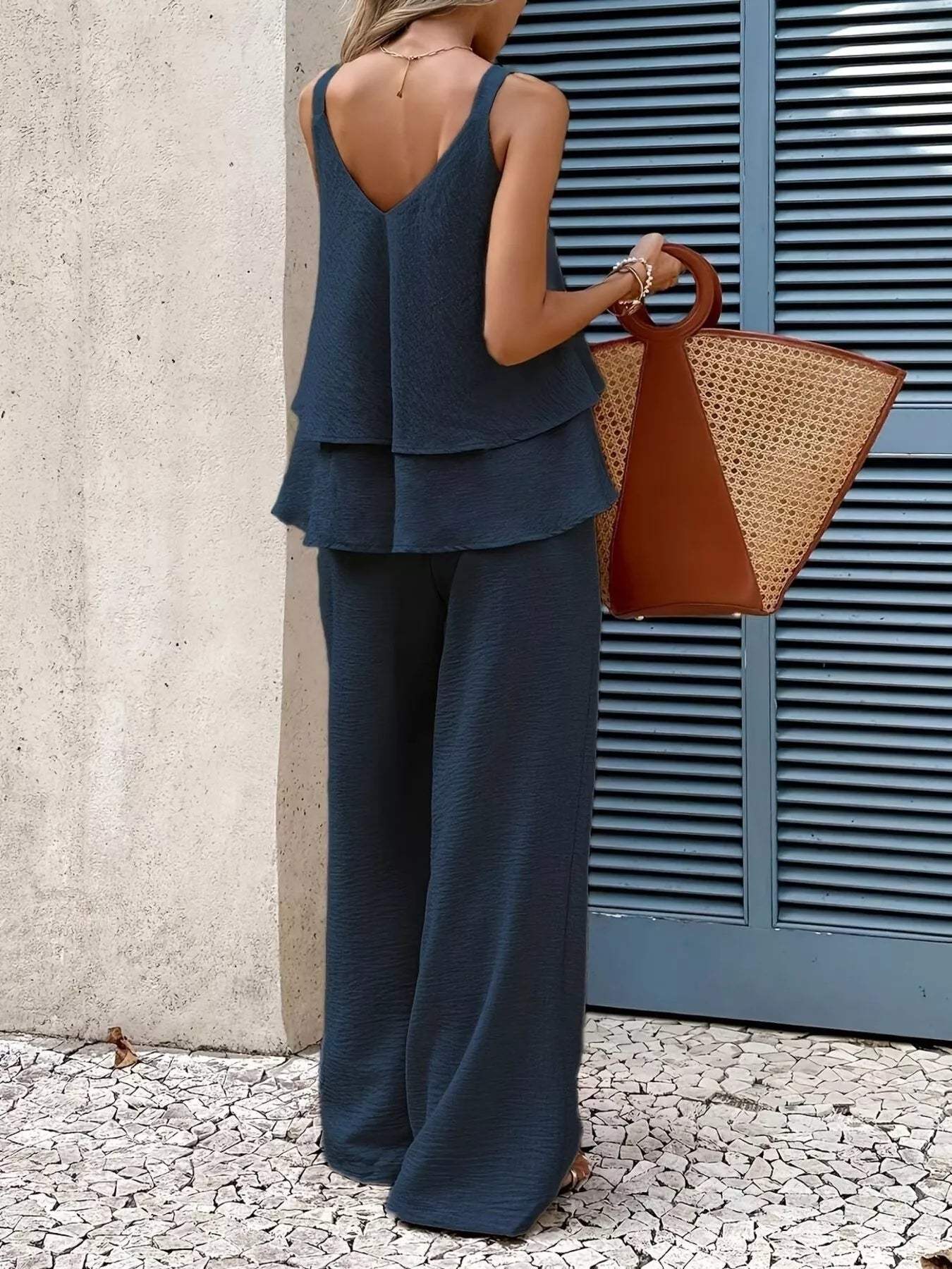 V-Neck Top and Wide-Leg Pants Set - Trendsi - Flyclothing LLC