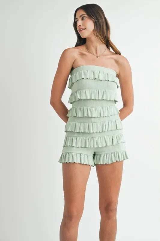 MABLE Pointelle Knit Fabric Ruffled Tube Romper - Trendsi - Flyclothing LLC