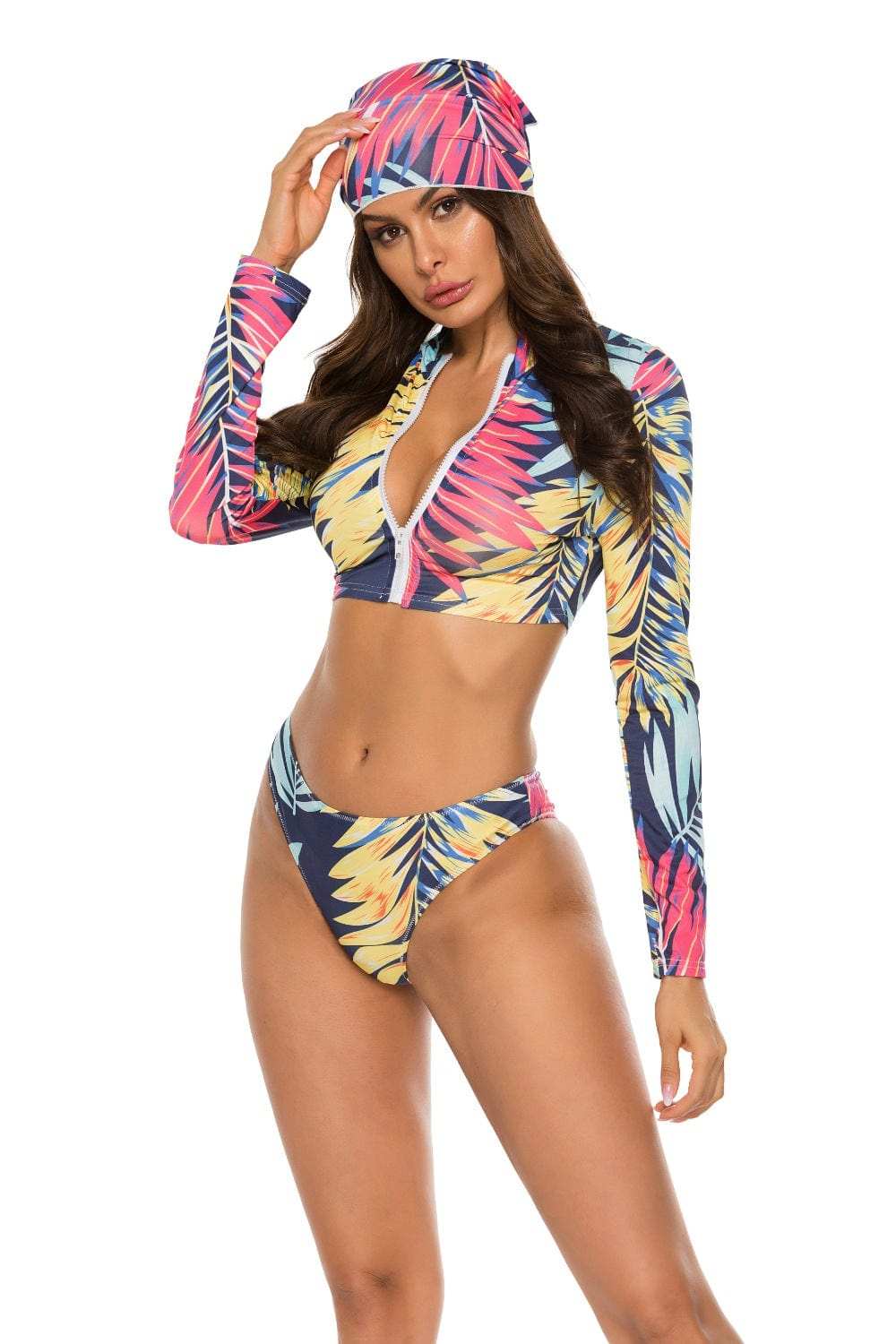 Printed Zip Up Three-Piece Swim Set - Trendsi - Flyclothing LLC
