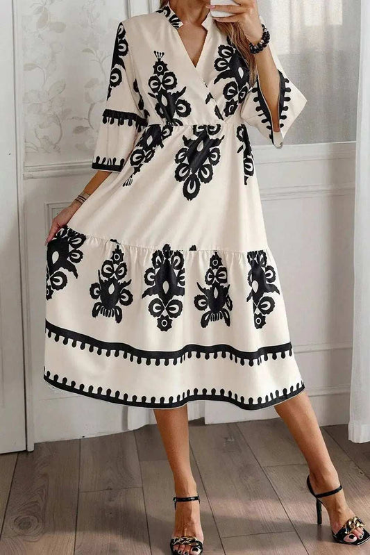 Printed Half Sleeve Knee Length Dress - Trendsi - Flyclothing LLC