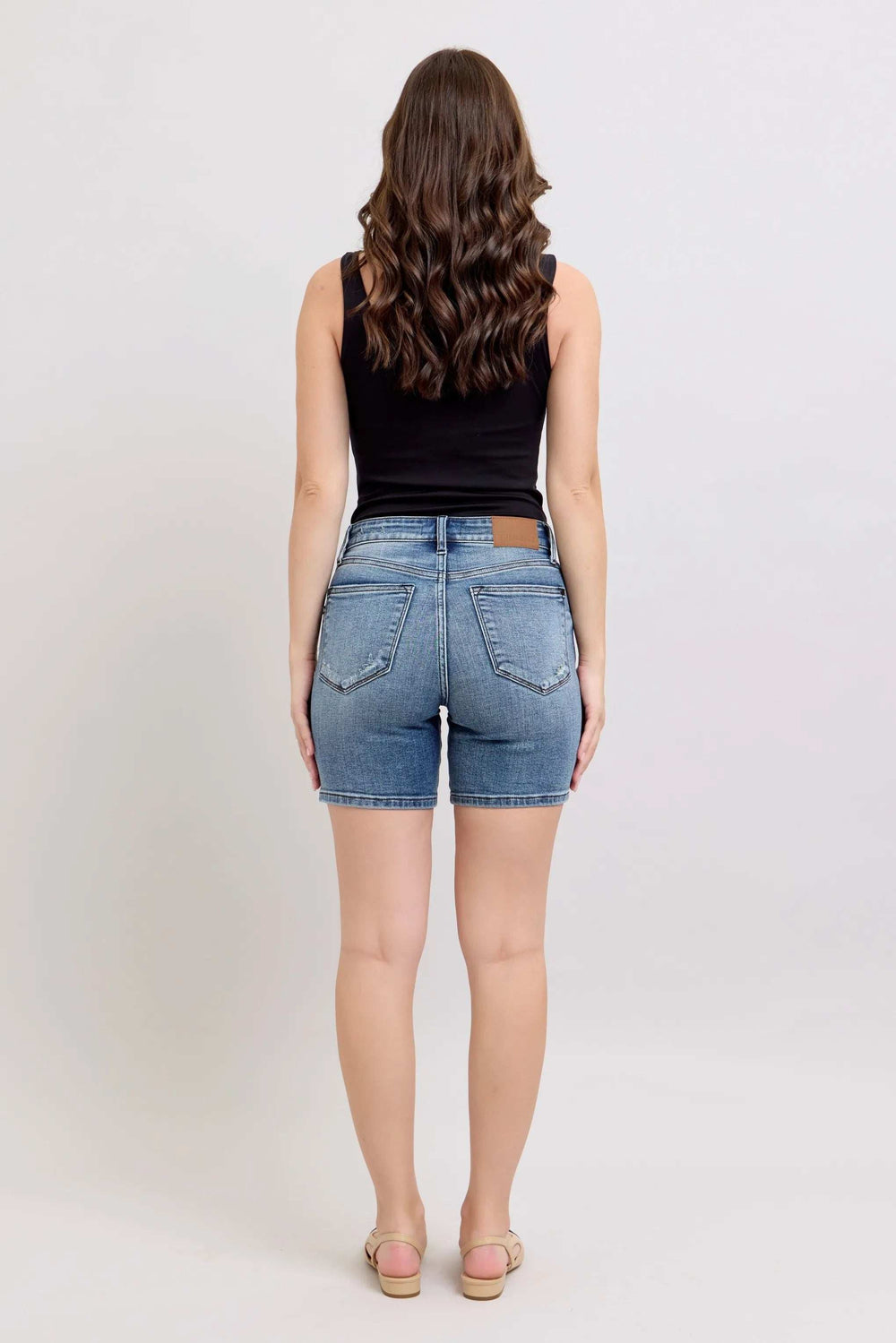 Judy Blue Button Fly Mid Length Denim Shorts W/ Destroy - Trendsi - Flyclothing LLC