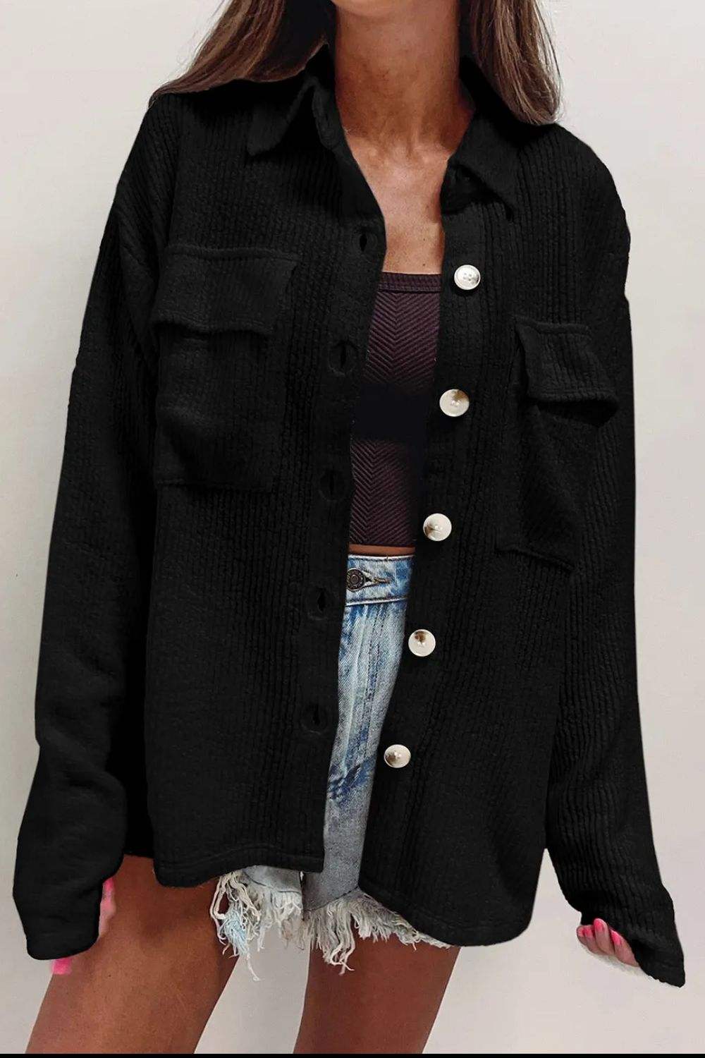 Button Up Long Sleeve Shacket - Trendsi - Flyclothing LLC