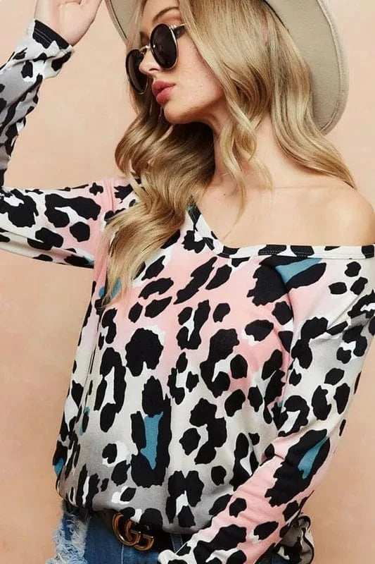 BiBi Gradation Leopard Print Soft Knit Deep U Neck Top - Trendsi - Flyclothing LLC