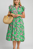 Umgee Full Size Floral Collared Ruffle Cap Sleeve Midi Dress Plus Size - Trendsi