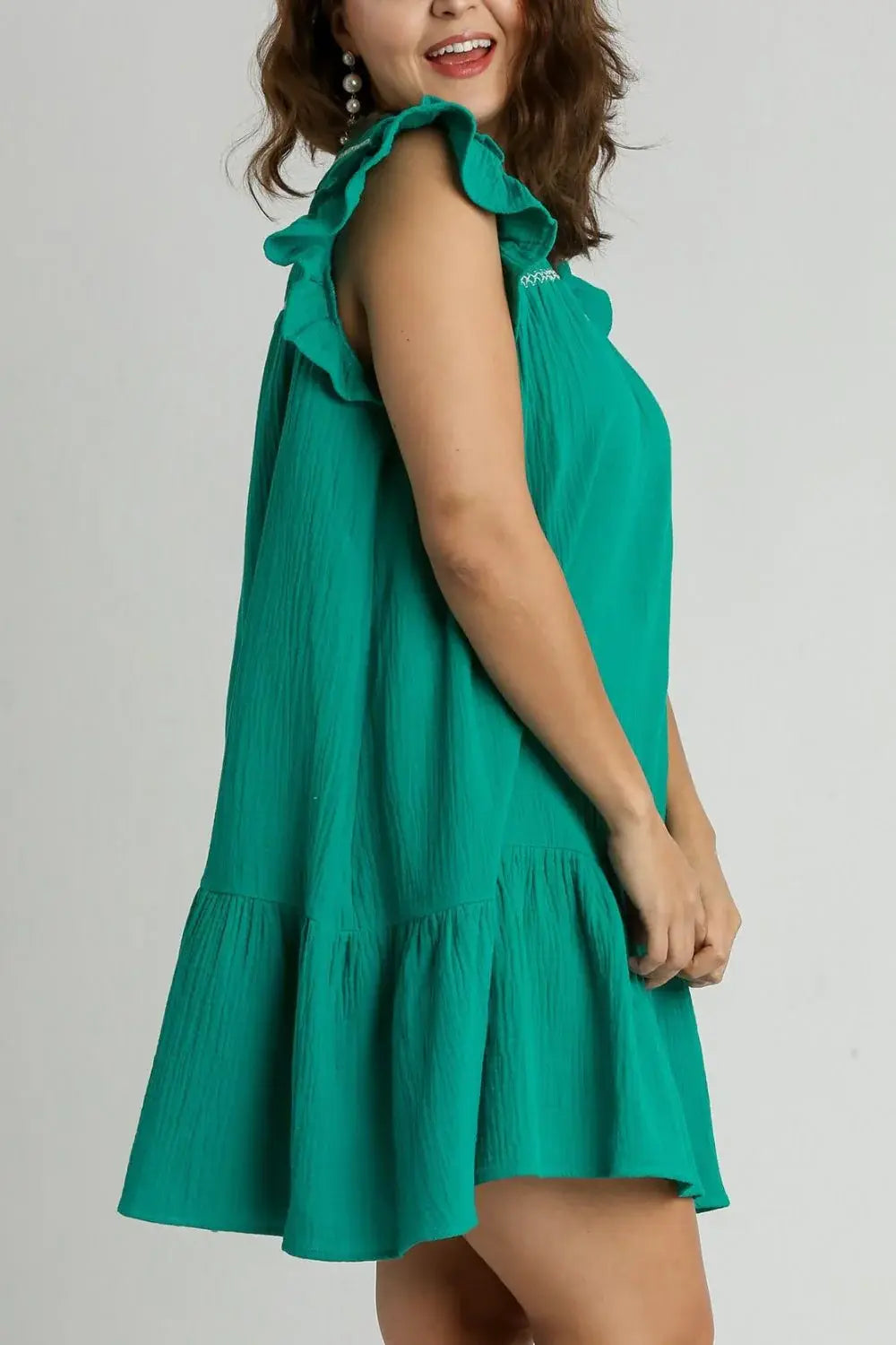 Umgee Full Size Smocked Contrast Stitching Ruffle Cap Sleeve Round Neck Dress Plus Size - Trendsi - Flyclothing LLC