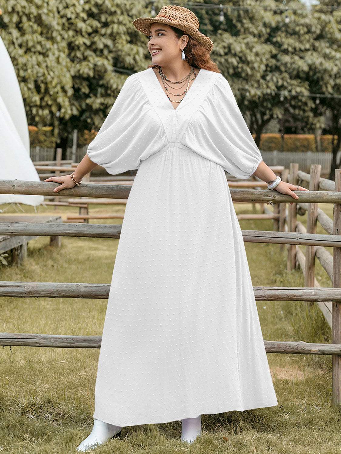 Plus Size Swiss Dot V-Neck Three-Quarter Sleeve Dress - Trendsi - Flyclothing LLC