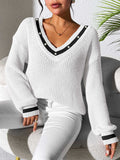Contrast Trim V-Neck Long Sleeve Sweater - Trendsi - Flyclothing LLC