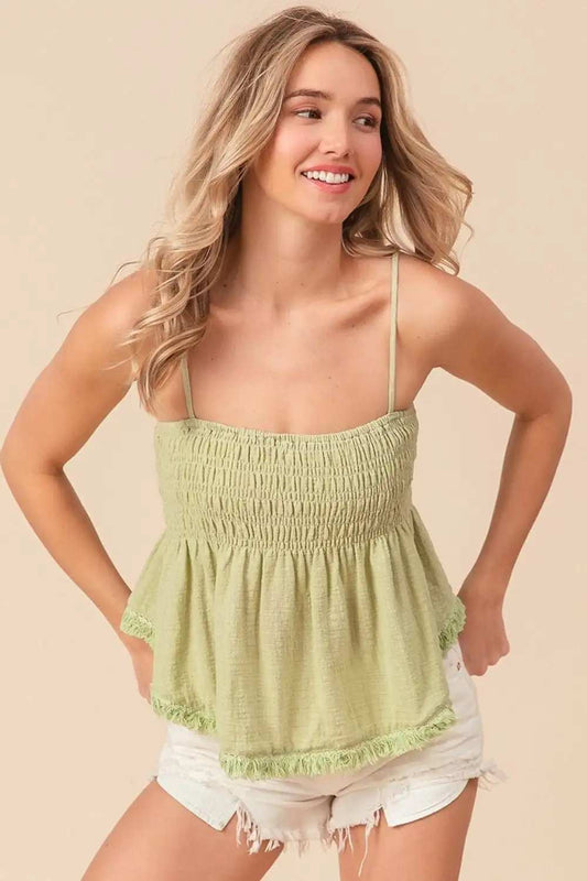 BiBi Fringed Hem Smocked Cami - Trendsi - Flyclothing LLC