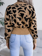 Leopard Round Neck Dropped Shoulder Sweater - Trendsi