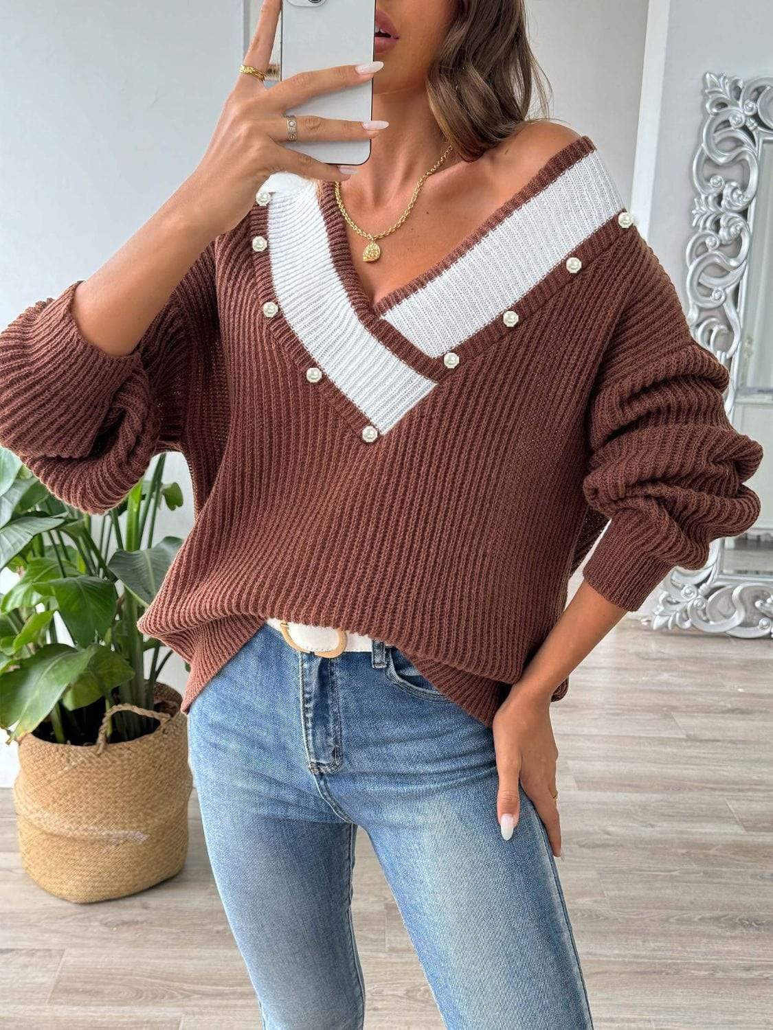 Contrast Trim Dropped Shoulder Long Sleeve Sweater - Trendsi - Flyclothing LLC