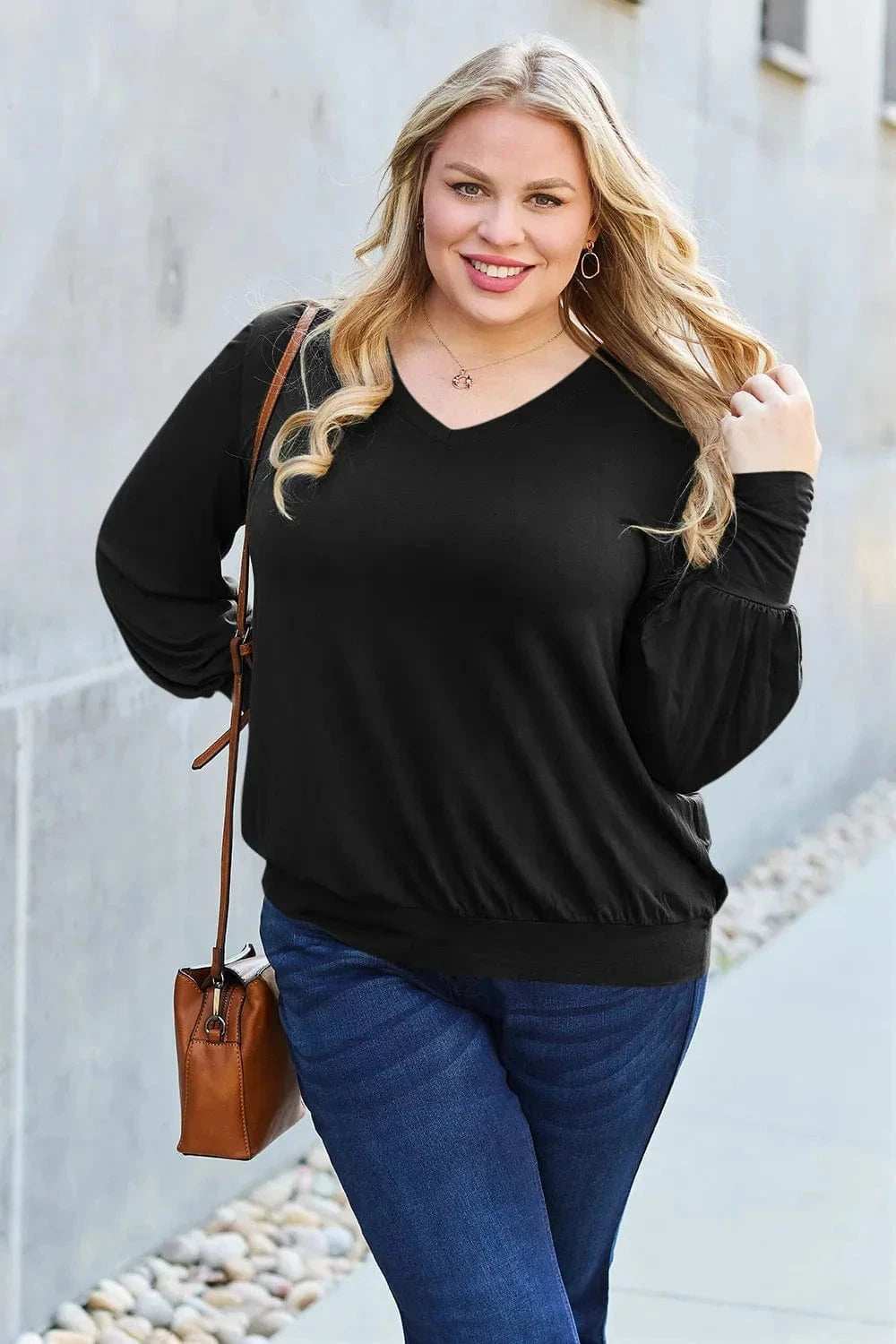 Basic Bae Full Size V-Neck Lantern Sleeve Top - Trendsi - Flyclothing LLC