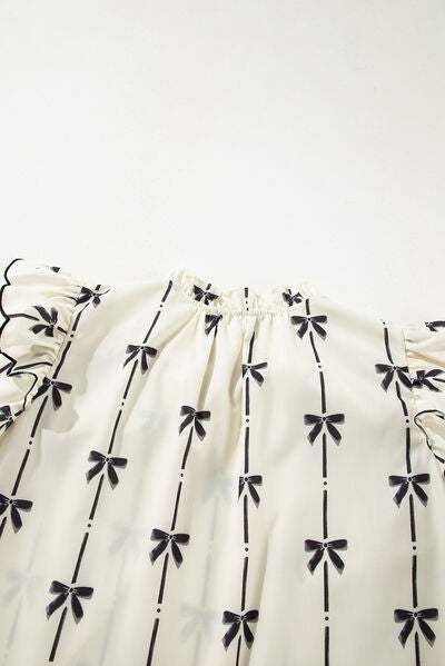 Bow Print Tie Neck Short Sleeve Blouse - Trendsi - Flyclothing LLC