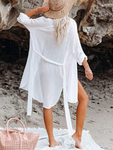Button Up Roll-Tab Sleeve Cover-Up - Trendsi - Flyclothing LLC