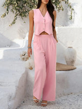 Devine Button Down Vest and Wide Leg Pants Set - Trendsi - Flyclothing LLC