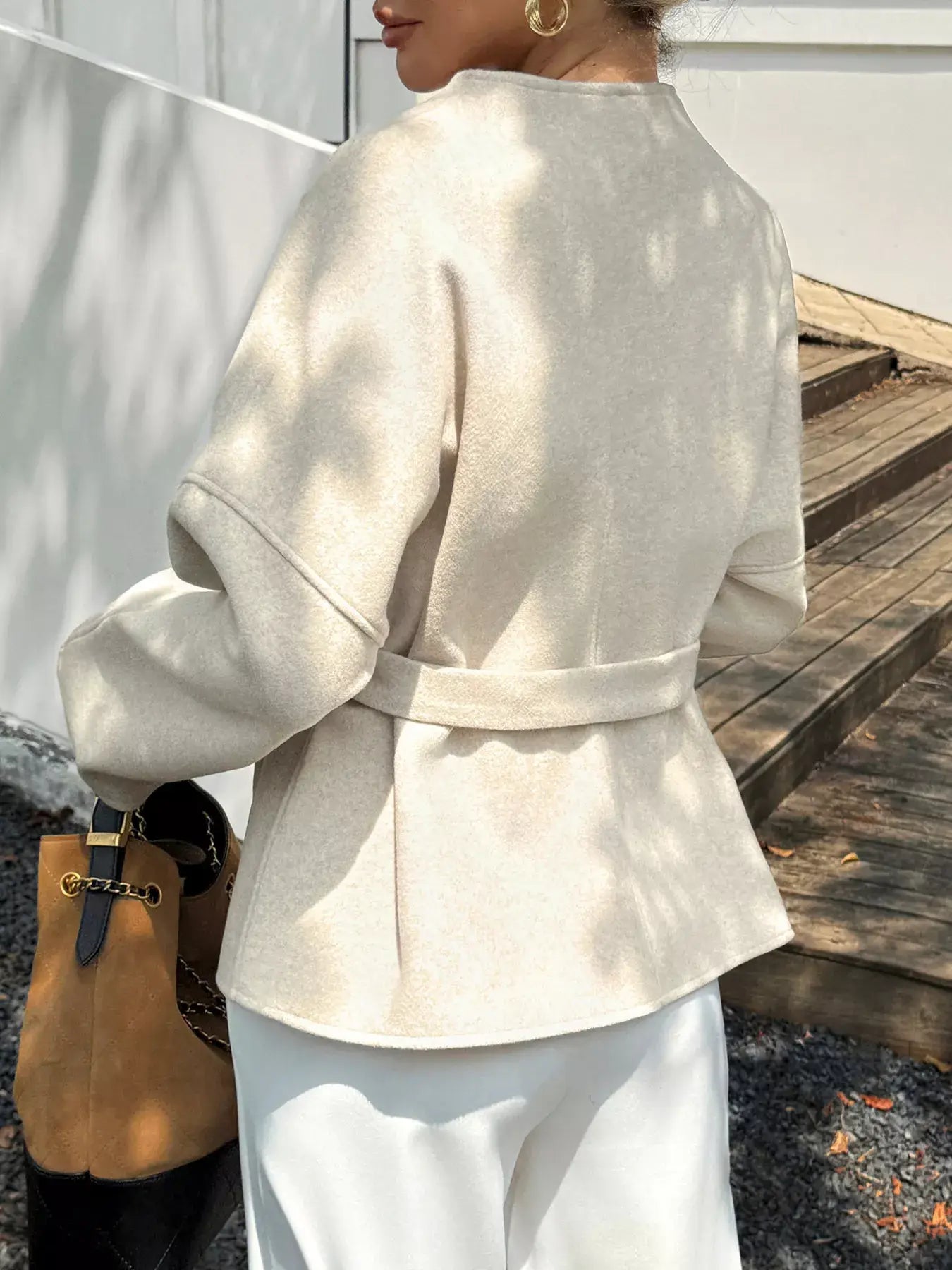 Surplice Dropped Shoulder Tie Belt Outerwear - Trendsi - Flyclothing LLC