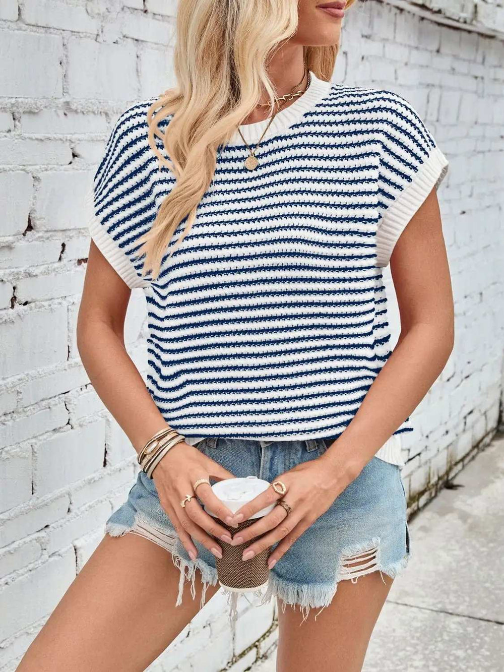 Lovelet Striped Round Neck Cap Sleeve Sweater - Trendsi - Flyclothing LLC