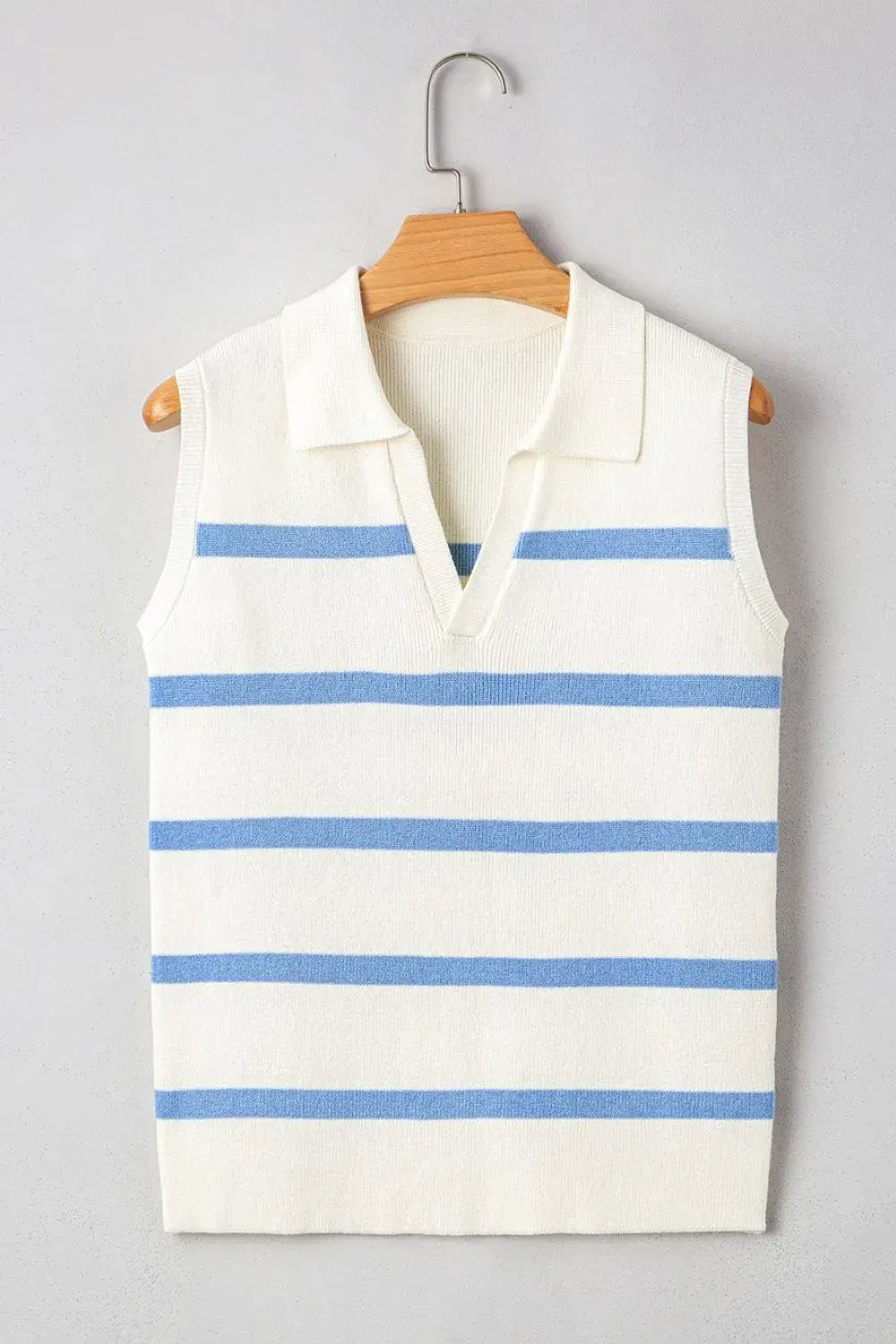 Stripe Split V Neck Collared Ribbed Sweater Vest - Trendsi - Flyclothing LLC