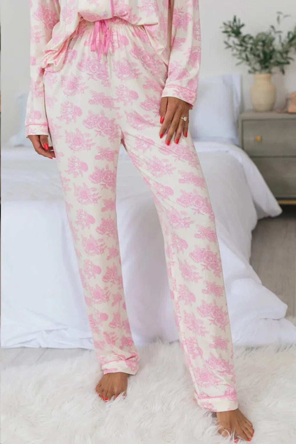 Printed Button Up Long Sleeve Top and Pants Lounge Set - Trendsi - Flyclothing LLC