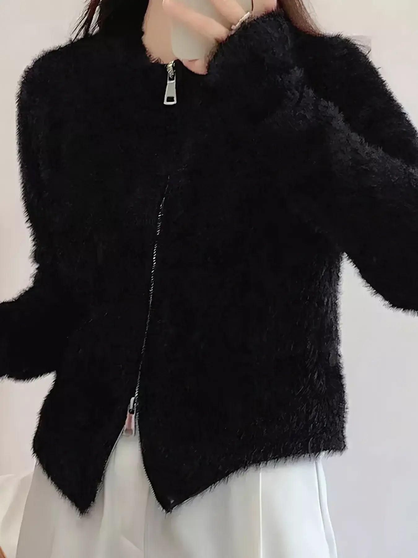 Fluffy Knit Zip-Up Outerwear - Trendsi - Flyclothing LLC