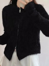 Fluffy Knit Zip-Up Outerwear - Trendsi - Flyclothing LLC