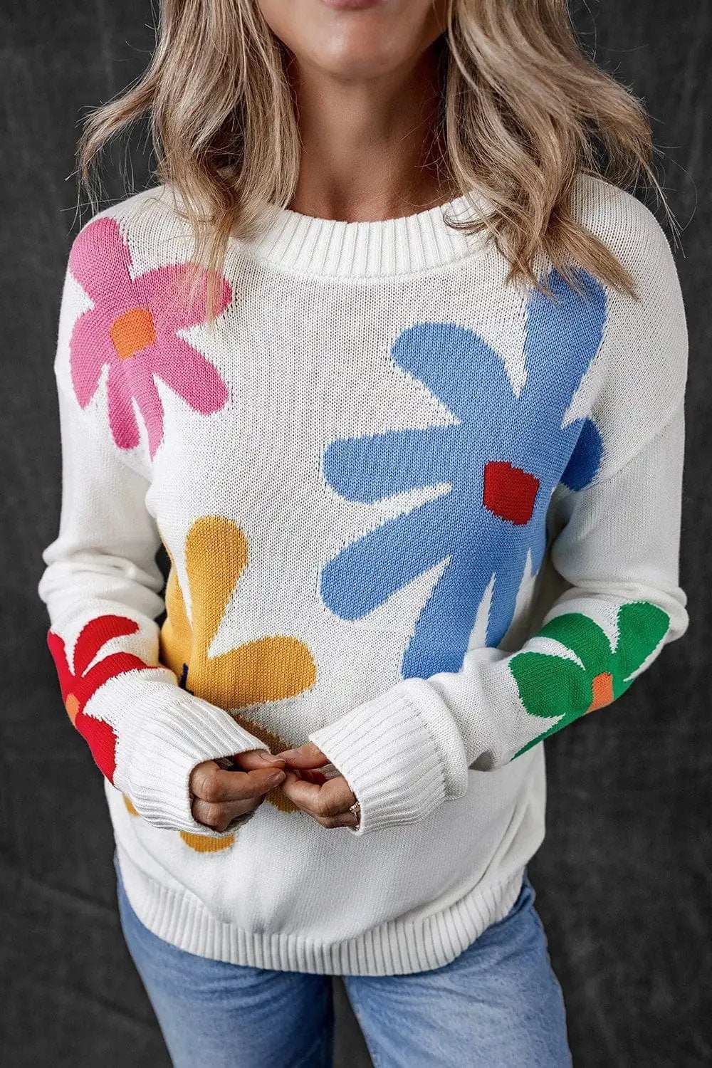 Flower Round Neck Dropped Shoulder Sweater - Trendsi - Flyclothing LLC