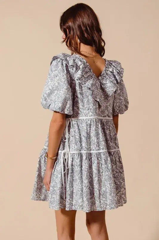 SO ME Cotton Printed Ruffle V Neckline Dress with Side Tie - Trendsi - Flyclothing LLC