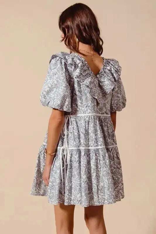 SO ME Cotton Printed Ruffle V Neckline Dress with Side Tie - Trendsi - Flyclothing LLC