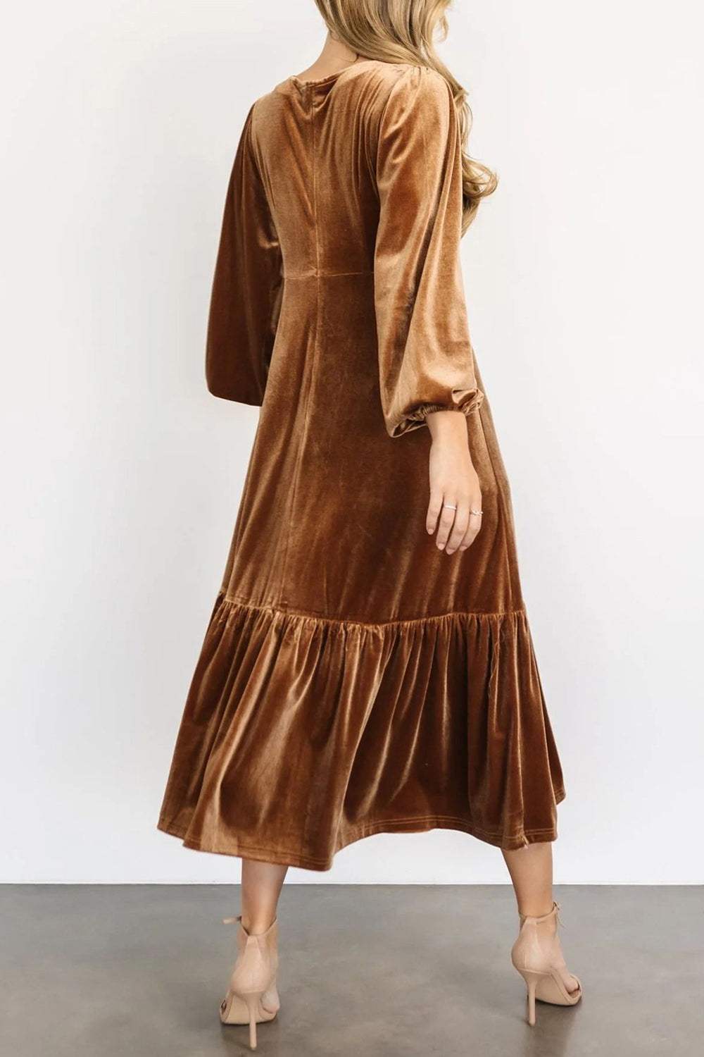 V-Neck Long Sleeve Midi Velvet Dress - Trendsi - Flyclothing LLC