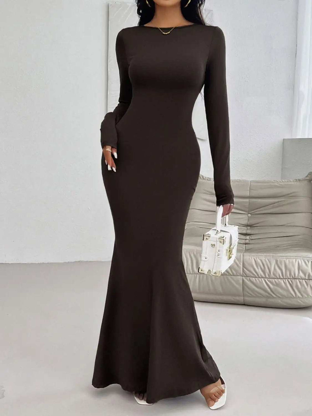 Devine Backless Round Neck Long Sleeve Maxi Dress - Trendsi - Flyclothing LLC