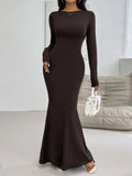 Devine Backless Round Neck Long Sleeve Maxi Dress - Trendsi - Flyclothing LLC