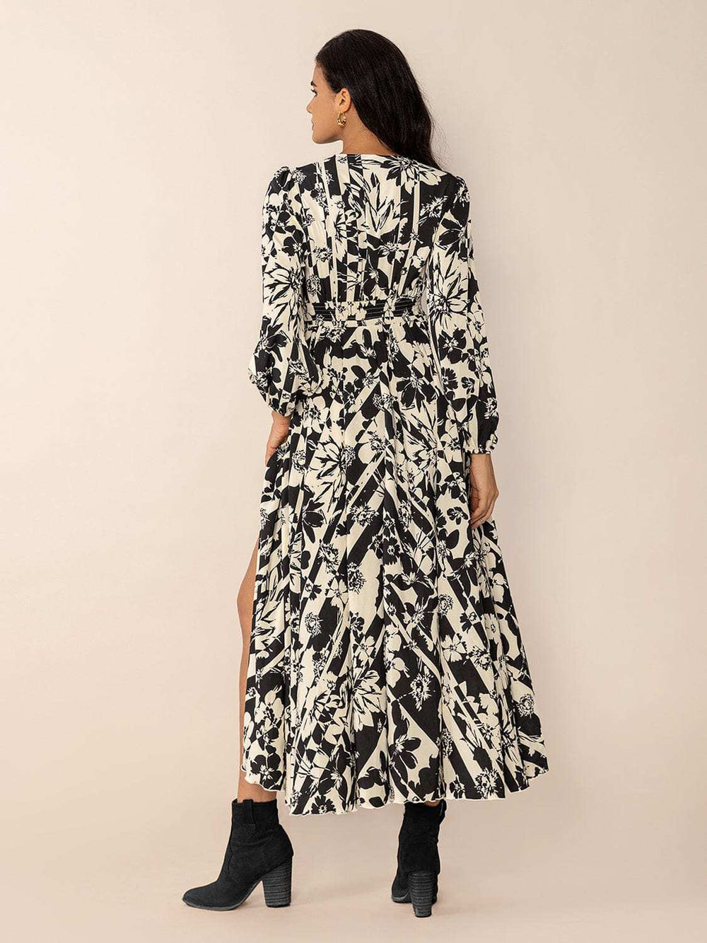Tied Printed V-Neck Long Sleeve Midi Dress - Trendsi - Flyclothing LLC