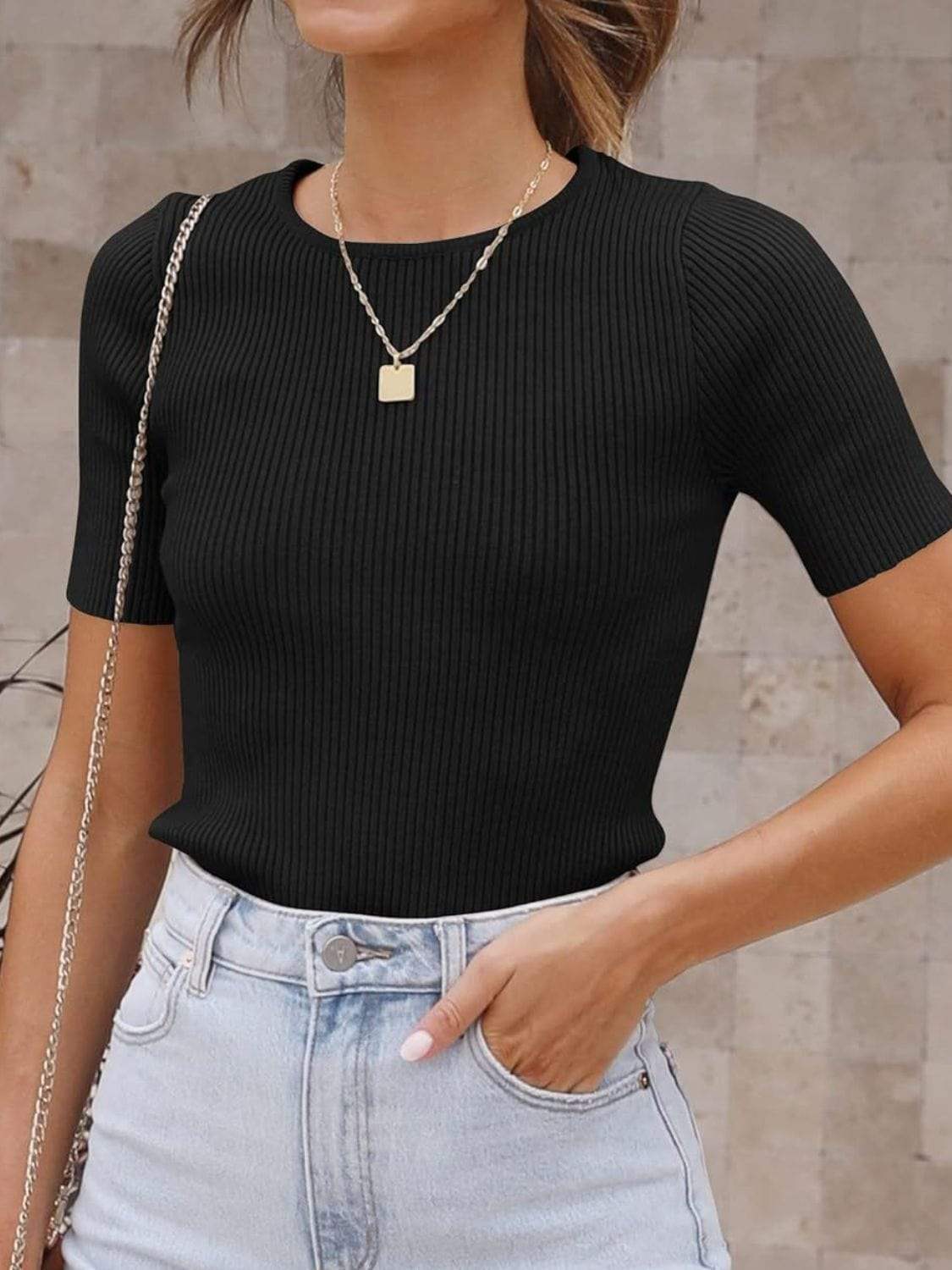 Mandy Ribbed Round Neck Short Sleeve Knit Top - Trendsi - Flyclothing LLC