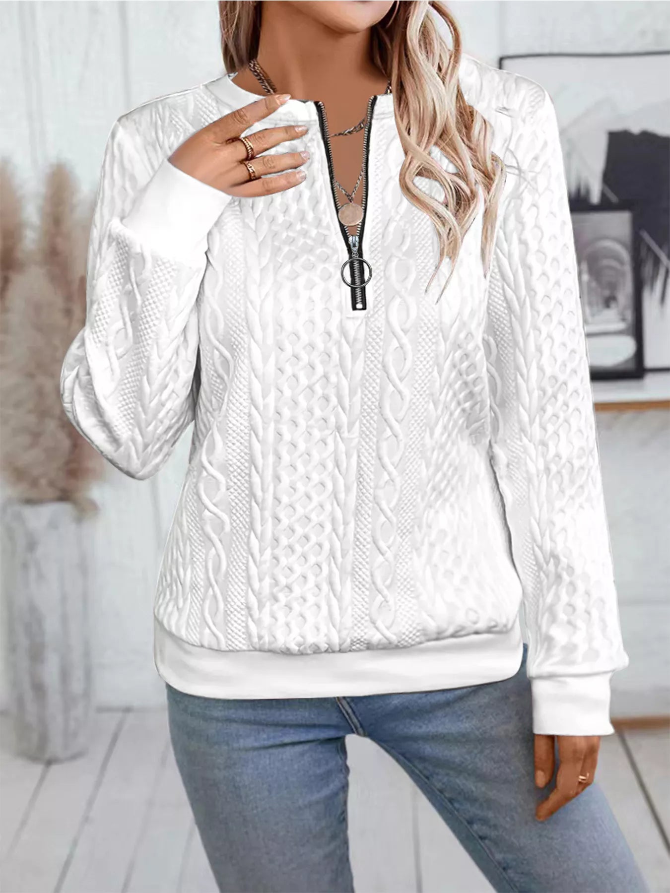 Chic Cable Texture Quarter-Zip Sweatshirt - Trendsi - Flyclothing LLC