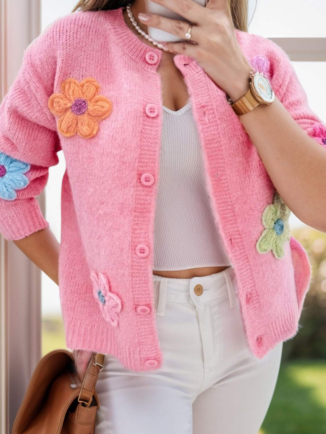 Flower Dropped Shoulder Long Sleeve Cardigan - Trendsi - Flyclothing LLC