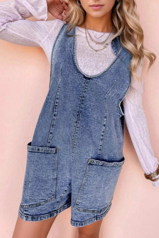U Neck Patched Pocket Denim Overalls - Trendsi - Flyclothing LLC