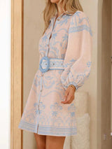 Printed Button Down Shirt Dress with Belt - Trendsi - Flyclothing LLC