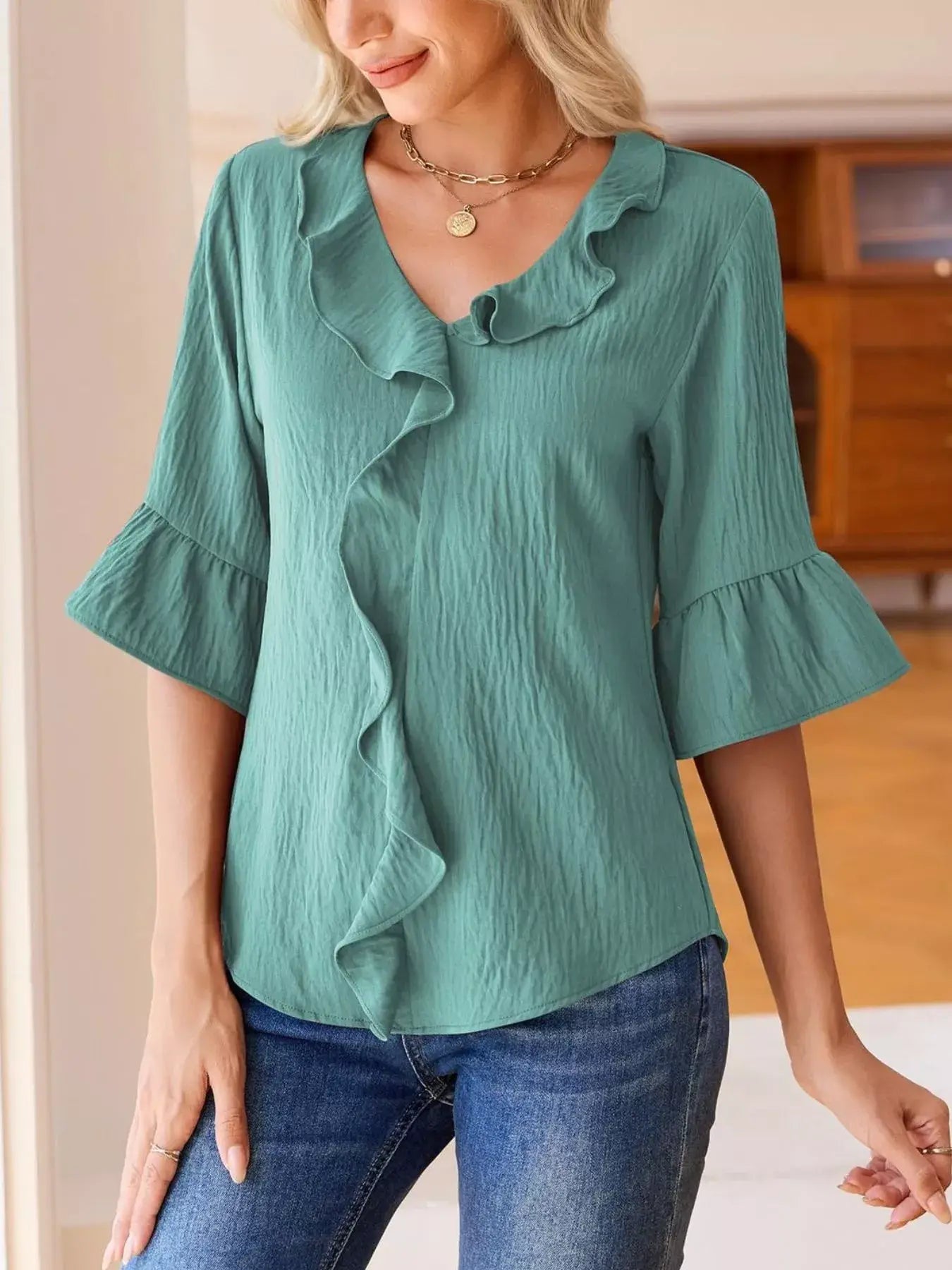 Ruffled Flounce Sleeve Blouse - Trendsi - Flyclothing LLC
