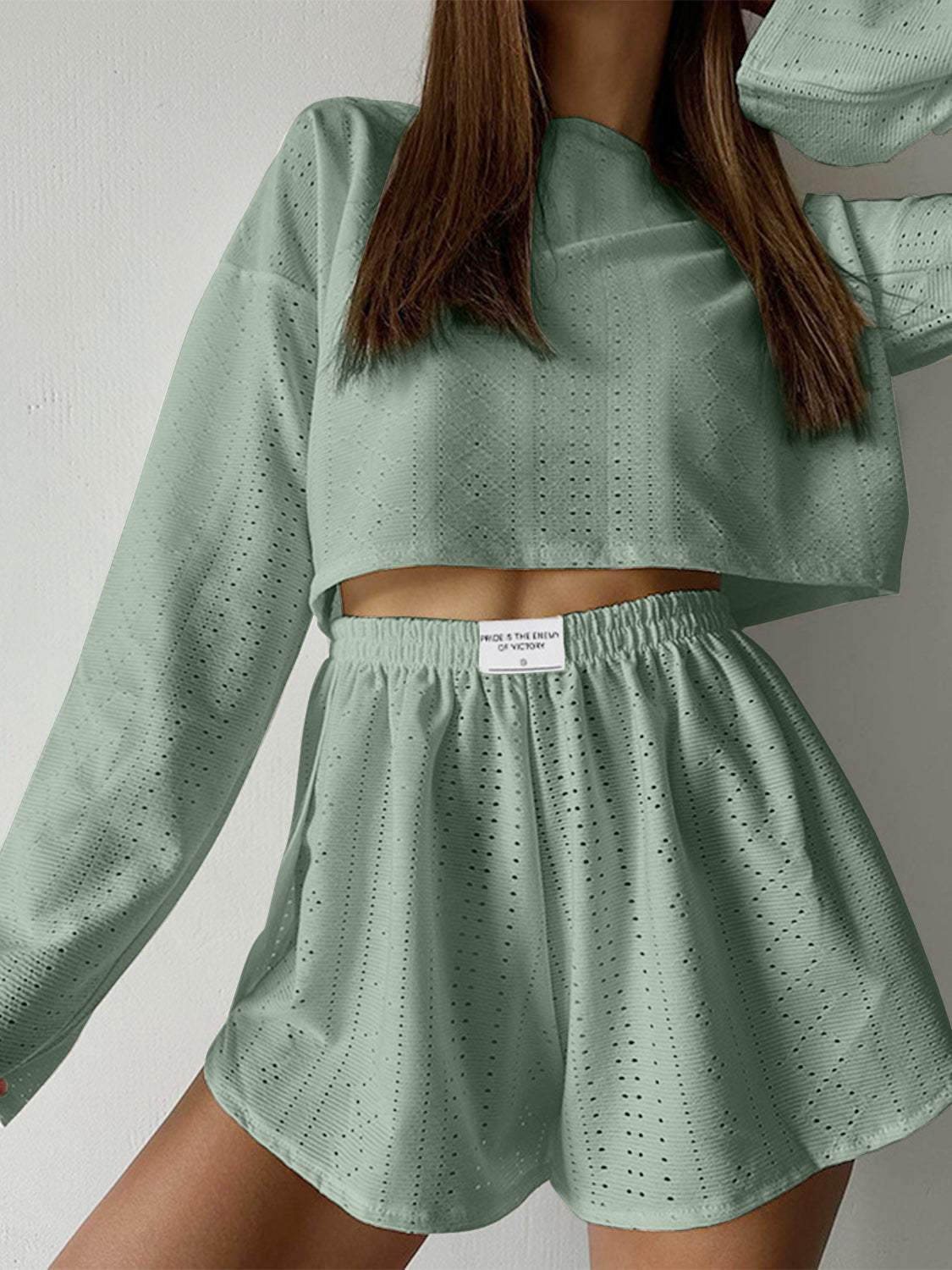Eyelet Round Neck Top and Shorts Set - Trendsi - Flyclothing LLC