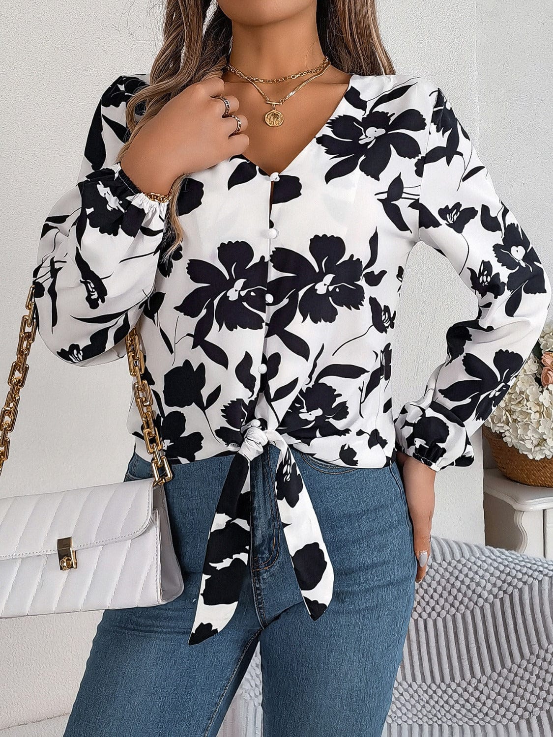Printed V-Neck Long Sleeve Blouse - Trendsi