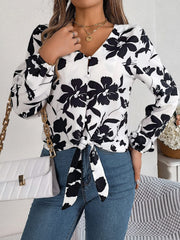 Printed V-Neck Long Sleeve Blouse - Trendsi