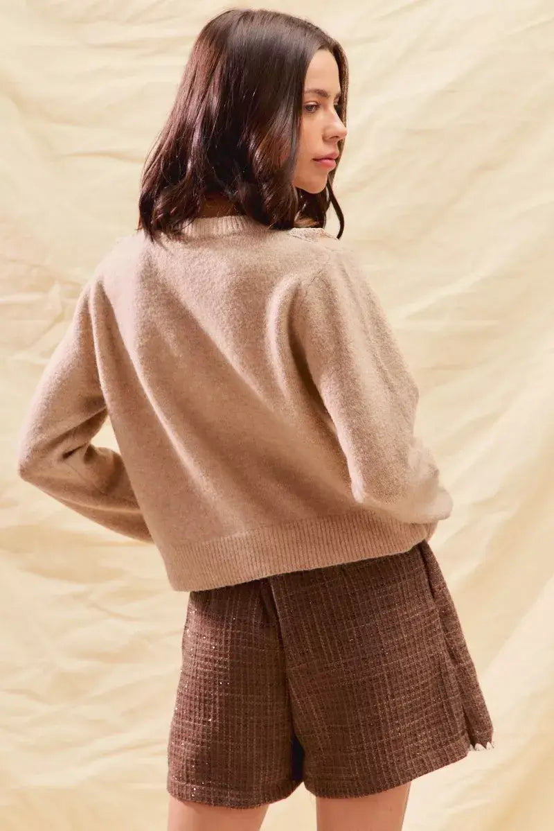 SO ME Front Lace Trim Button Cardigan Sweater - Trendsi - Flyclothing LLC
