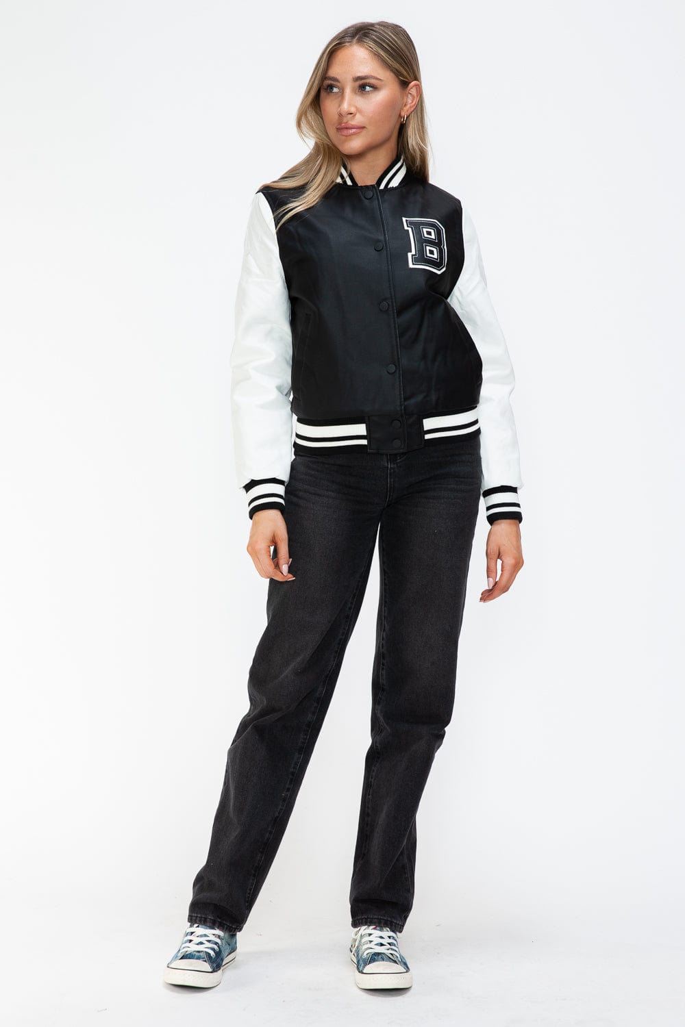 Love Me Now PU Leather Contrast Snap Down Bomber Jacket - Trendsi