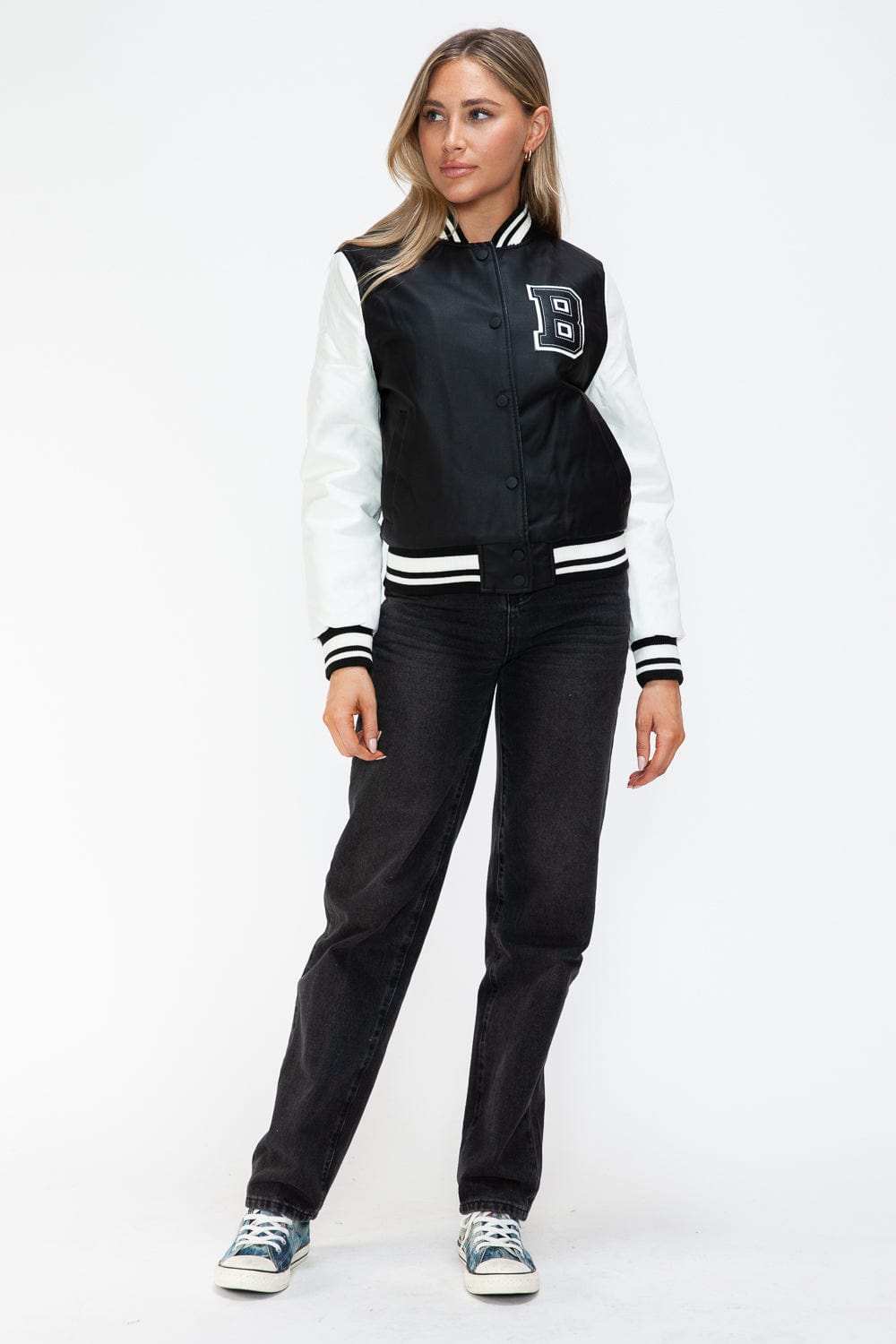 Love Me Now PU Leather Contrast Snap Down Bomber Jacket - Trendsi - Flyclothing LLC