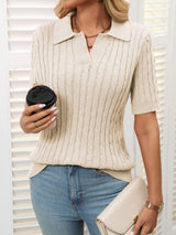Mandy Cable Knit Johnny Collar Half Sleeve Sweater - Trendsi - Flyclothing LLC