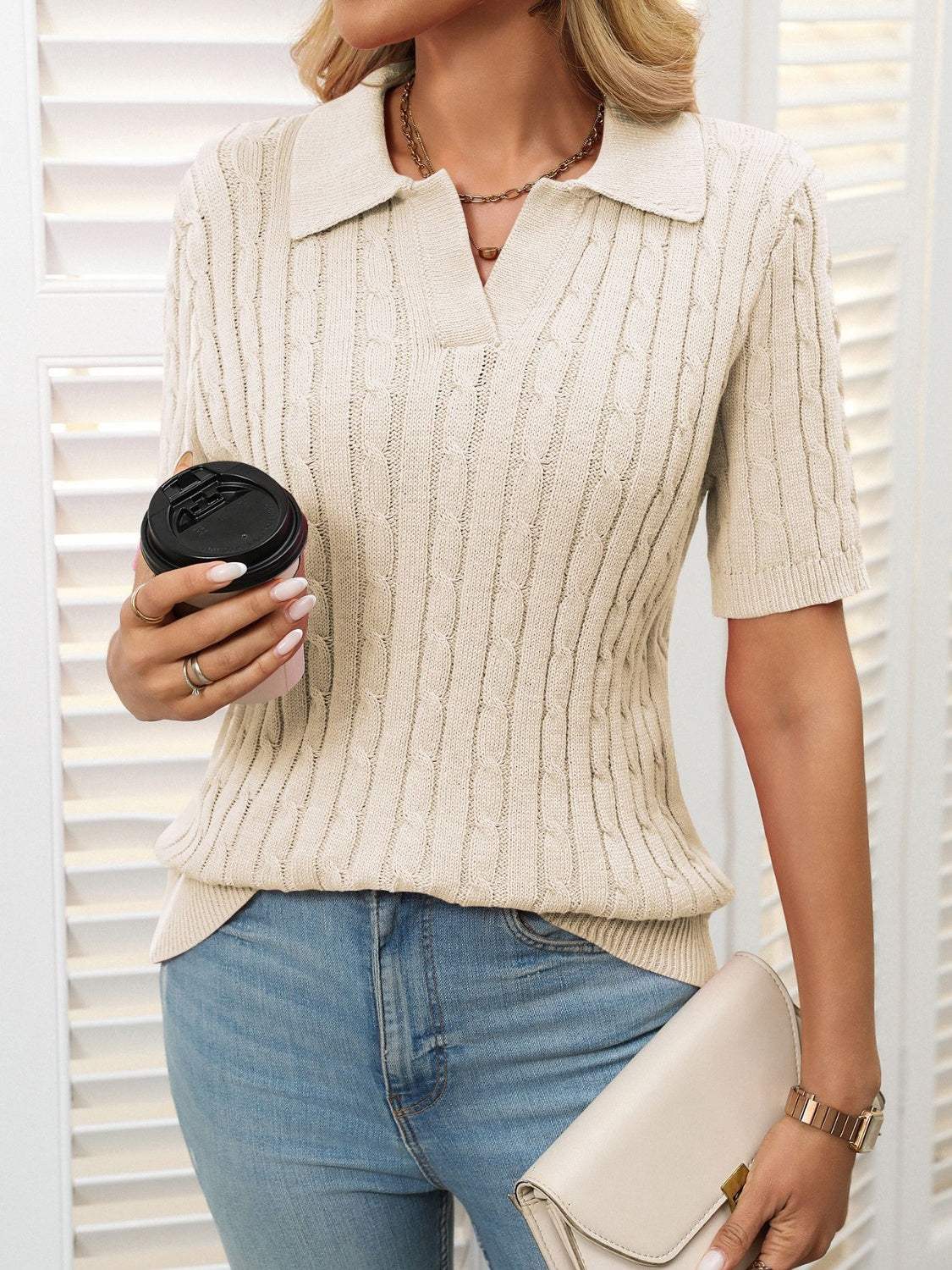 Mandy Cable Knit Johnny Collar Half Sleeve Sweater - Trendsi - Flyclothing LLC