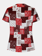 Printed Notched Short Sleeve Blouse - Trendsi